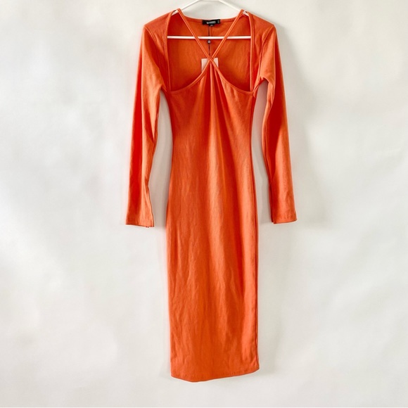 NWT Missguided Cut Out Long Sleeve Rib Bodycon Midi Dress Orange 2 - Picture 3 of 16